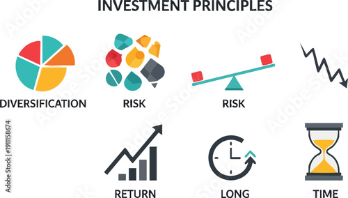 Investment Principles Vector Icons Set: Diversification, Risk, Return, Long Term, Time, Financial Strategy, isolated on white
