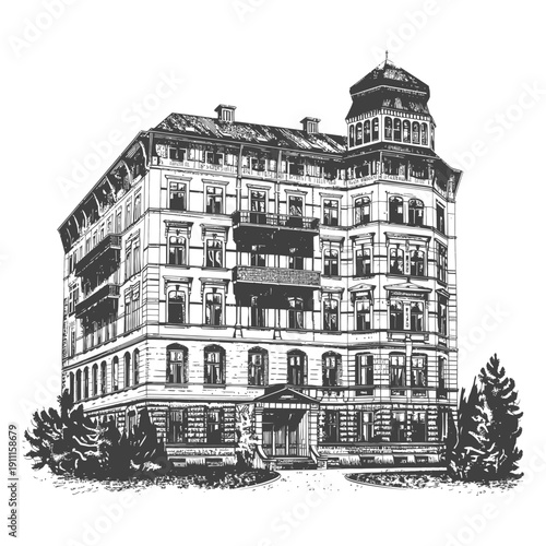 Detailed architectural illustration of a multi story building with trees nearby