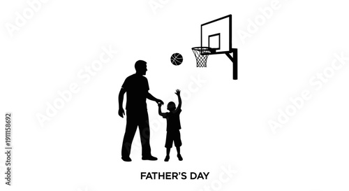 Father teaches young son to shoot basketball on hoop for Father's Day