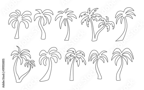 Black line doodle palm set. Minimal palm tree outline isolated. Cute hand drawn summer travel vacation icon. Great for sticker, poster, advertising, card, beach design