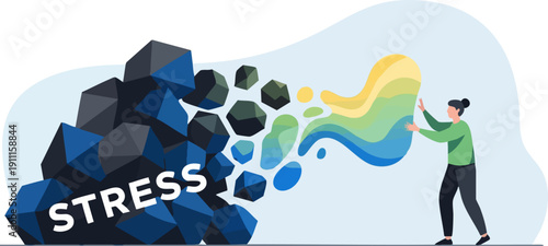 Vector illustration of a woman transforming dark stress blocks into colorful positive energy, mental health concept, isolated on white