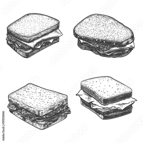 Four different sketched sandwiches with varying ingredients in detail