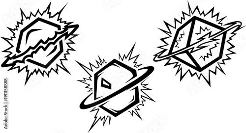 Vector black and white exploding geometric shapes with rings, comic book style burst effect, abstract icon set isolated on white