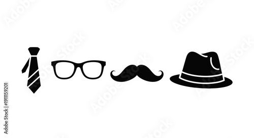 A stylish illustration of accessories including a tie, glasses, mustache, and hat on a white background yr 81.