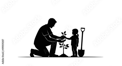 Man and child planting a tree together outdoors with shovel