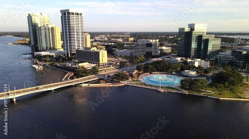 Urban park design and beautiful fountain area from the air in 4K video footage.
