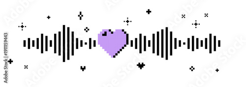 Pixel heart icon with musical waves pattern. Y2k music lover sticker. Pixel art. Dj. Listen to music, radio podcast. Mood of 90's. 8 bit style retro isolated vector illustration. Game abstract element