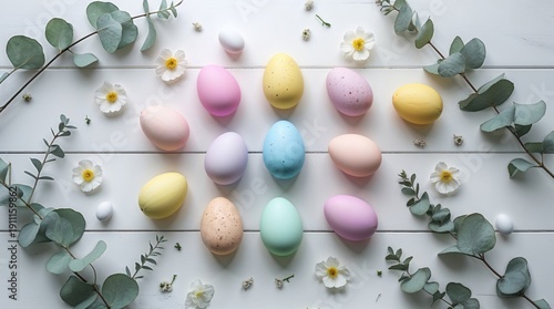 Top View of Colorful Pastel Easter Eggs and Delicate White Flowers with Eucalyptus Branches on White Wooden Background, Spring Holiday Concept