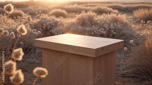 Empty Wooden Podium Stand on Autumn Field Background at Sunset, Natural Product Display Mockup with Dried Grass and Sunlight