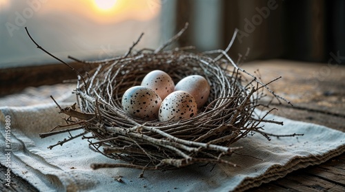 Rustic Still Life of Small Bird Nest with Spotted and Brown Eggs on Linen Napkin and Old Wooden Table at Sunset, Easter and New Life Concept