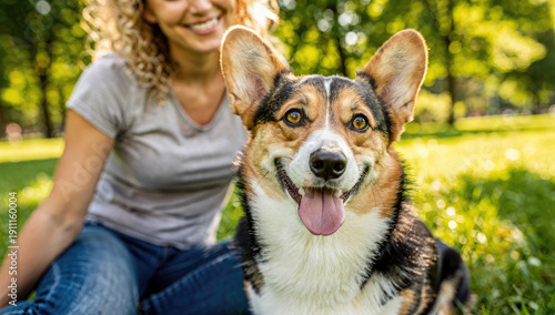 Happy Corgi Dog Sitting on Green Grass in Summer Park with Smiling Woman on Background, Concept of Pet Care and Friendship
