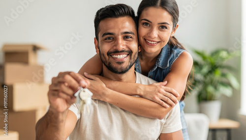 Portrait of a Happy Young Couple Celebrating Moving into a New Home, Man Holding up House Keys with Smiling Woman Hugging Him in Bright Room