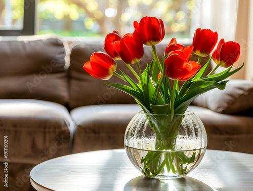Red tulips arranged in a clear glass vase on a round wooden table in a cozy living room with a brown sofa and natural light streaming through the window