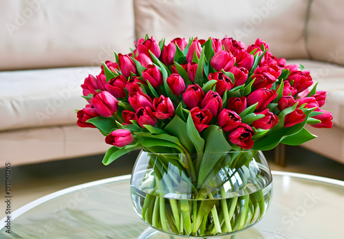 Vibrant bouquet of red tulips arranged in a clear glass vase on a round coffee table in a modern living room with beige sofa in the background