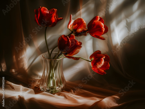 Red tulips arranged in a clear glass vase on a soft fabric surface, illuminated by natural light with gentle shadows creating a warm atmosphere
