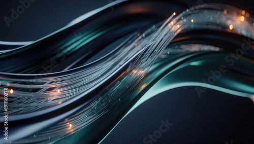 Abstract 3D Background with Flowing Glowing Lines, Fiber Optic Data Cables, and Light Particles, Concept of High Speed Internet and Technology