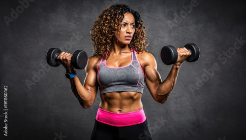 Strong Athletic Woman with Curly Hair Working Out with Dumbbells, Intense Bicep Training and Female Bodybuilding Concept
