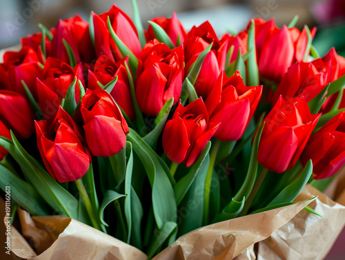 Bright red tulips arranged in a bouquet with green leaves and brown wrapping paper, displayed on a blurred background in a floral shop setting