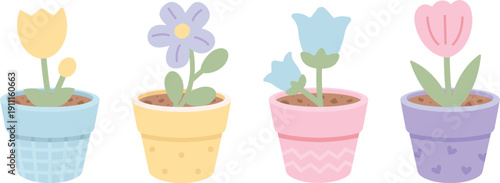 Cute vector potted flowers in pastel colors. Charming plants with simple, cheerful designs, perfect for spring projects, cards, stickers, packaging, and DIY illustrations.
