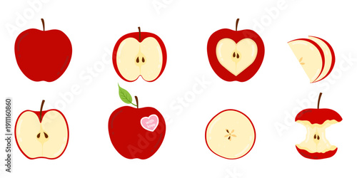 Cute set with fresh red apples on white background. Whole, sliced, halves and  bitten one autmn fruits.  Romantic healthy snack decor. Flat vector illustration.