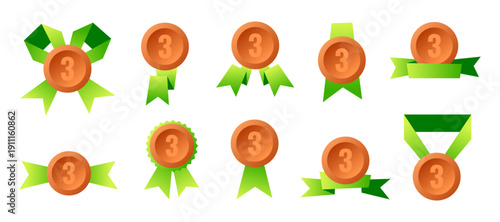 A set of various vector bronze medals with green ribbons. Sports and gaming awards, third place medal. Simple medal icons in flat style.