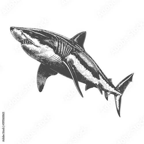 Detailed grayscale illustration of a fearsome aquatic predator shark