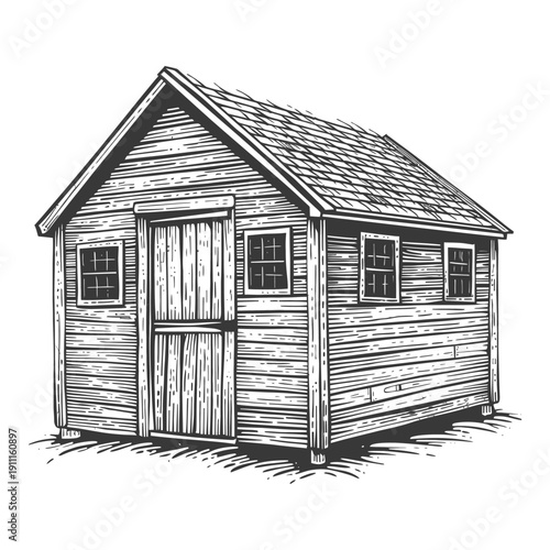 A simple wooden shed illustration with closed door and windows