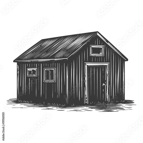 A rustic illustration of a small wooden shed in the field
