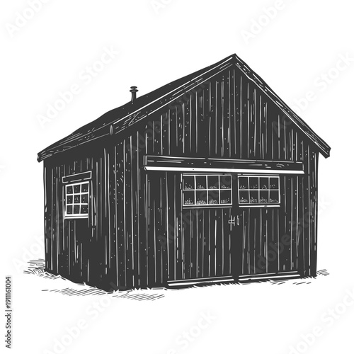 A simple black and white illustration of a wooden shed