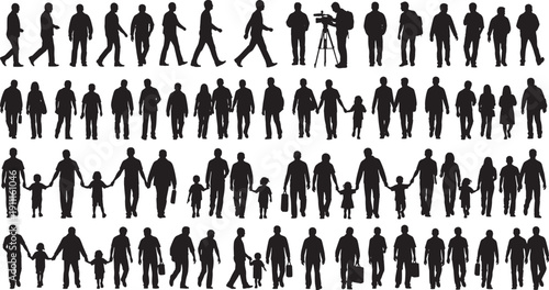 Black silhouettes of people walking alone and in groups on white background