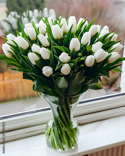 Fresh white tulips arranged in a clear glass vase on a windowsill, with natural light illuminating the delicate petals and green leaves