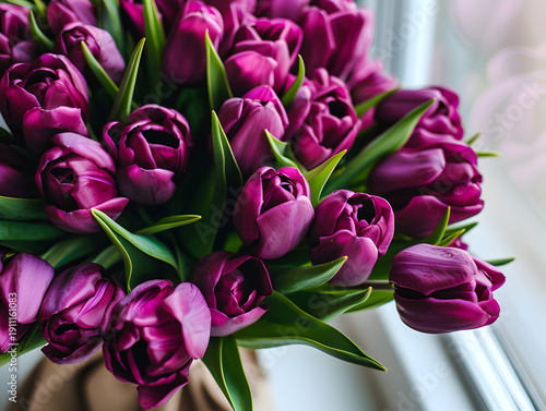 Bouquet of vibrant purple tulips arranged in a decorative vase, with green leaves and natural light illuminating the scene from a nearby window
