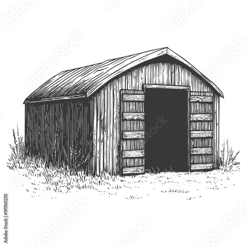 A weathered wooden storage shed with open doors in a field