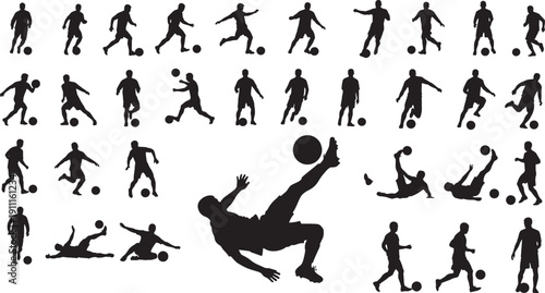 Black silhouettes of soccer players in various poses with balls on white background football