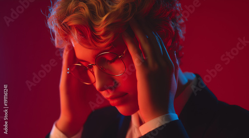 Young person in glasses suffering from a headache under red light
