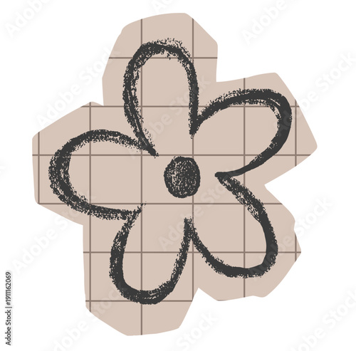 Cut paper shape with chalk drawn flower for collage on transparent background