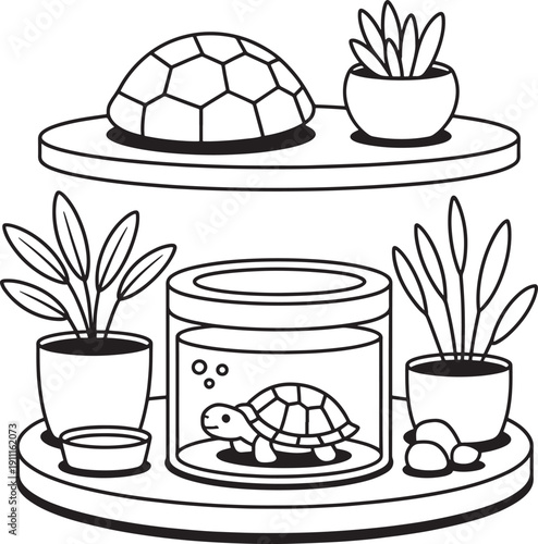 Black and white illustration of turtle and plants on shelves