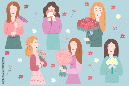 Female vector stickers collection. Big set of  badges for 8 march celebration and Mothers day concept. Cartoon stickers women with spring flowers