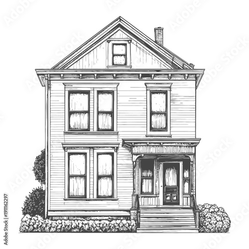 Detailed black and white architectural illustration of a large vintage home