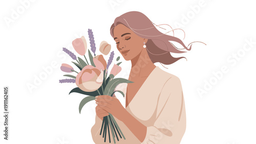 A woman enjoys the fragrance of fresh bouquet of flowers.