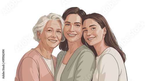 Three generations of women sharing a warm embrace and smiles.