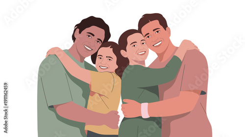 A loving family of four embrace each other.