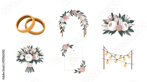 Wedding Rings and Floral Elements Arrangement.