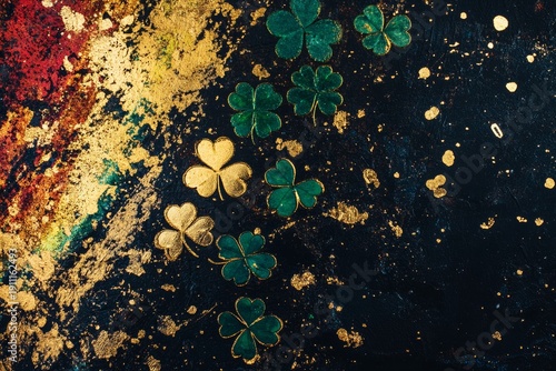 Colorful abstract gold and green clover leaf pattern background