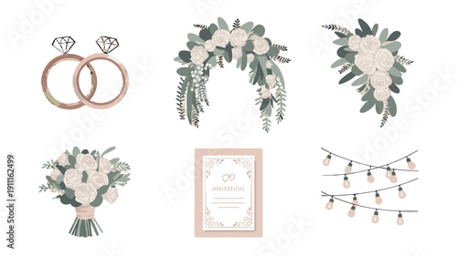 A wedding-themed arrangement: Rings, flowers, invitation, and decorative lights.