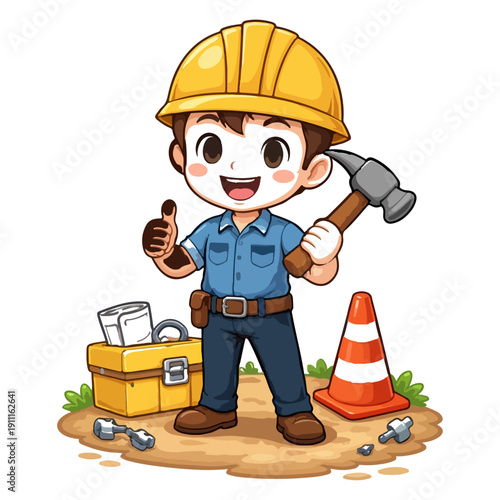 A cartoon construction worker holding a hammer and giving a thumbs up