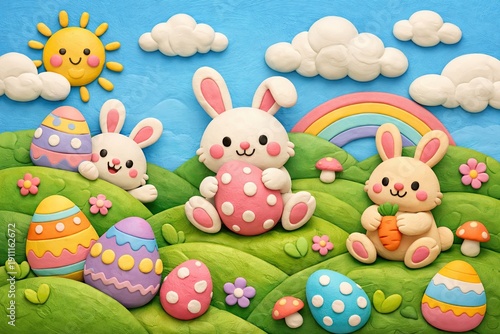 Background for Easter, a brightly colored clay painting with funny Easter bunnies and eggs with a sun and hills. A gift for mom. Easter home decoration