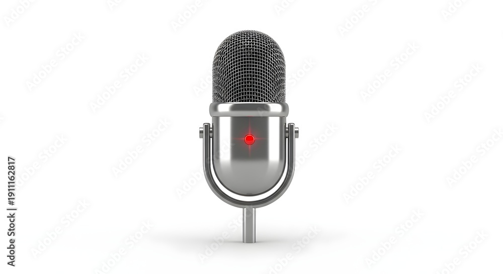 Fototapeta premium Classic silver studio microphone with a glowing red recording indicator light stands ready for broadcast, podcast, or vocal performance capture.