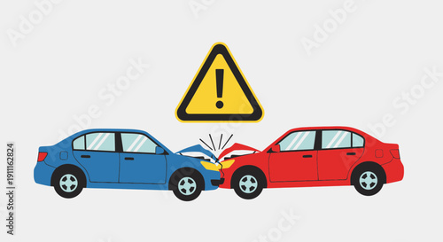 Car accident illustration collision of two vehicles warning sign overhead