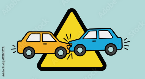 Car accident illustration collision of vehicles within warning symbol